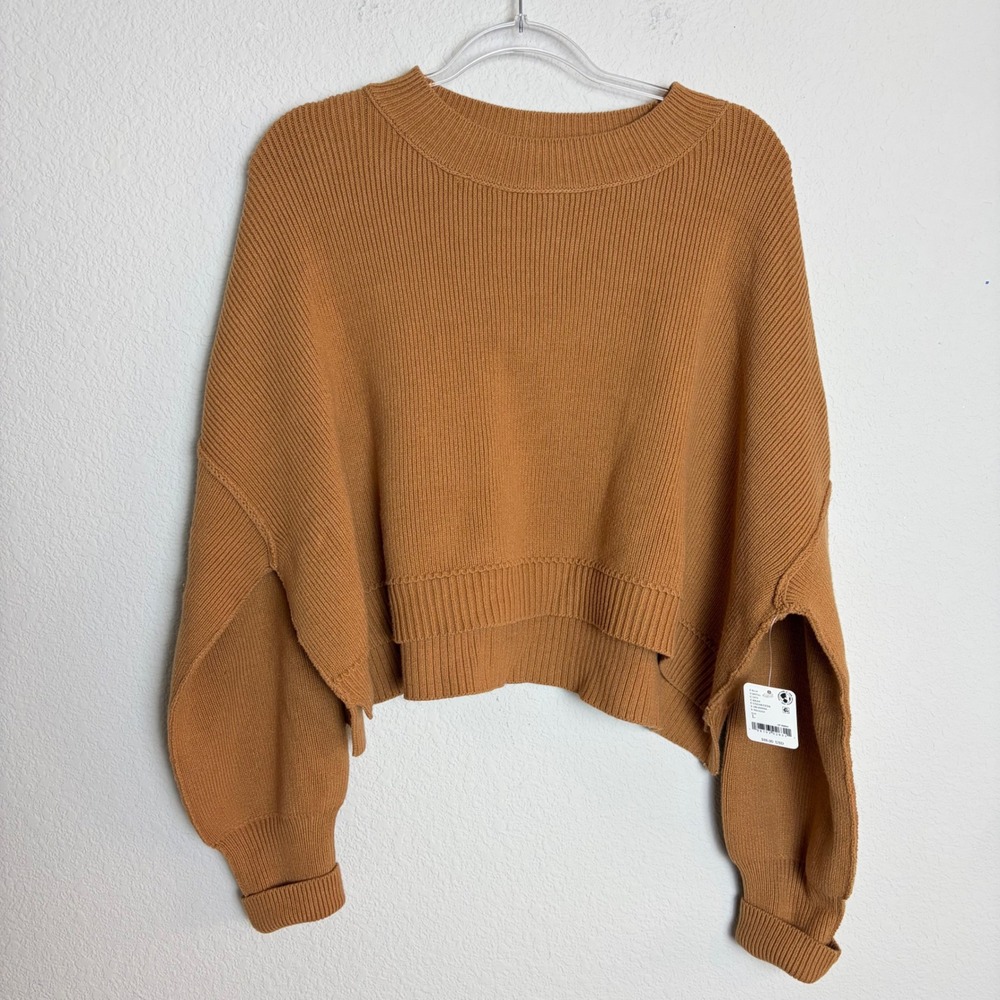 Free People Cedar Brown Ribbed Cropped Crew Neck Sweater Large NEW Oversized